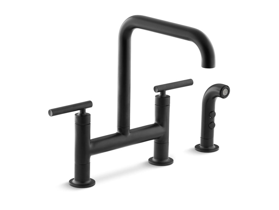 KOHLER K-7548-4 Purist Two-hole bridge kitchen sink faucet with side sprayer