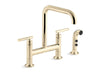 KOHLER K-7548-4 Purist Two-hole bridge kitchen sink faucet with side sprayer