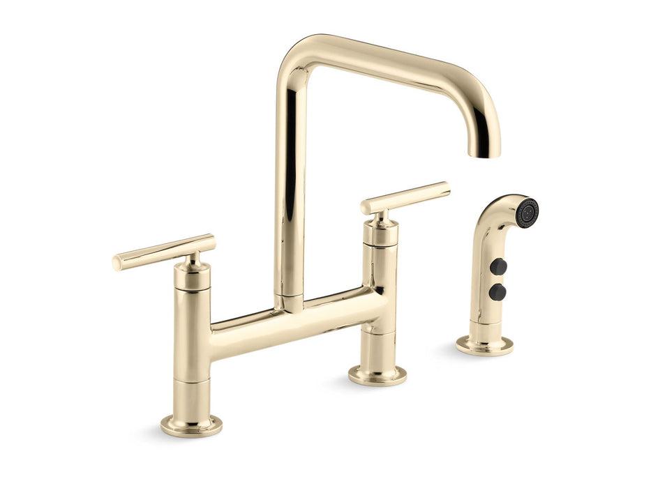 KOHLER K-7548-4 Purist Two-hole bridge kitchen sink faucet with side sprayer