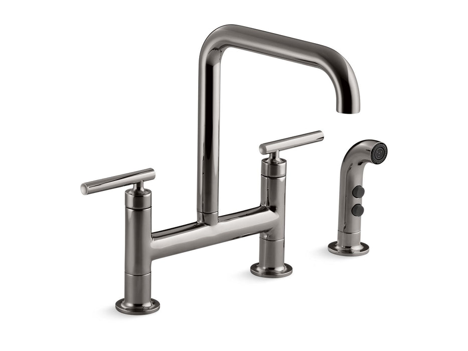 KOHLER K-7548-4 Purist Two-hole bridge kitchen sink faucet with side sprayer