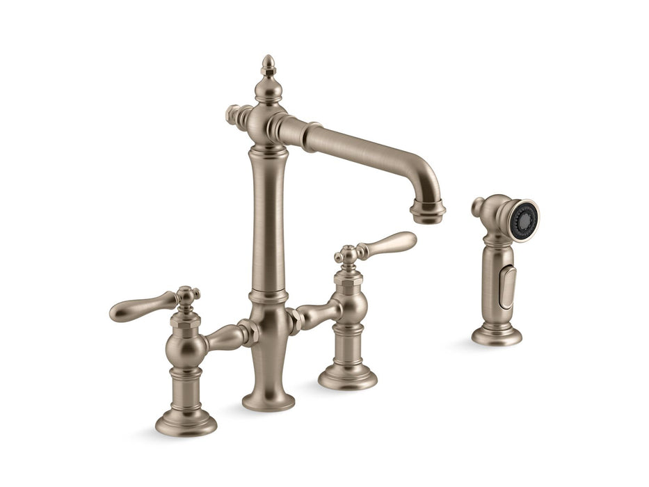 KOHLER K-76519-4 Artifacts Two-hole bridge kitchen sink faucet with side sprayer